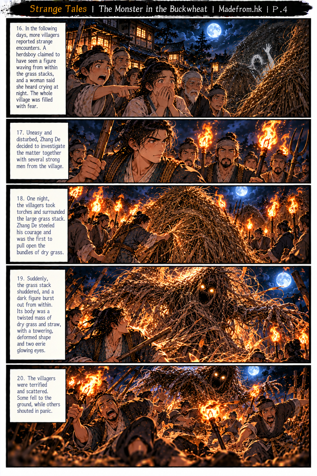 Strange Tales: The Monster in the Buckwheat — villagers surround a huge haystack with torches as a terrifying monster made of tangled straw bursts out | Page 4