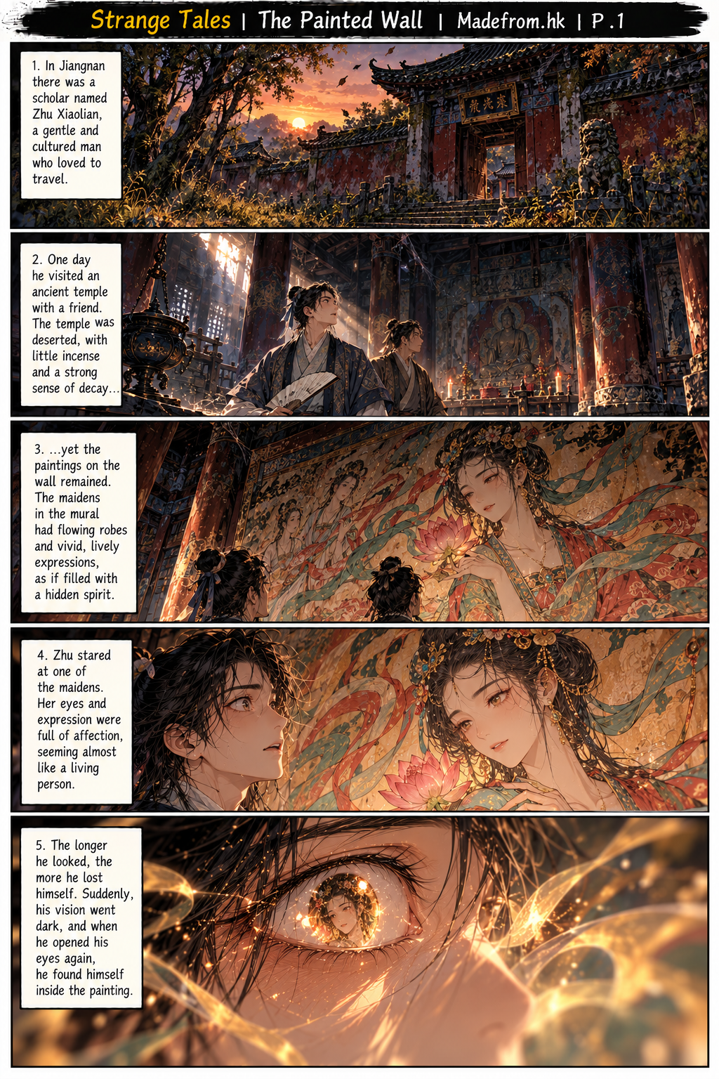 Strange Tales: The Painted Wall — Scholar Zhu discovers a mysterious mural of beautiful maidens in an abandoned ancient temple | Page 1