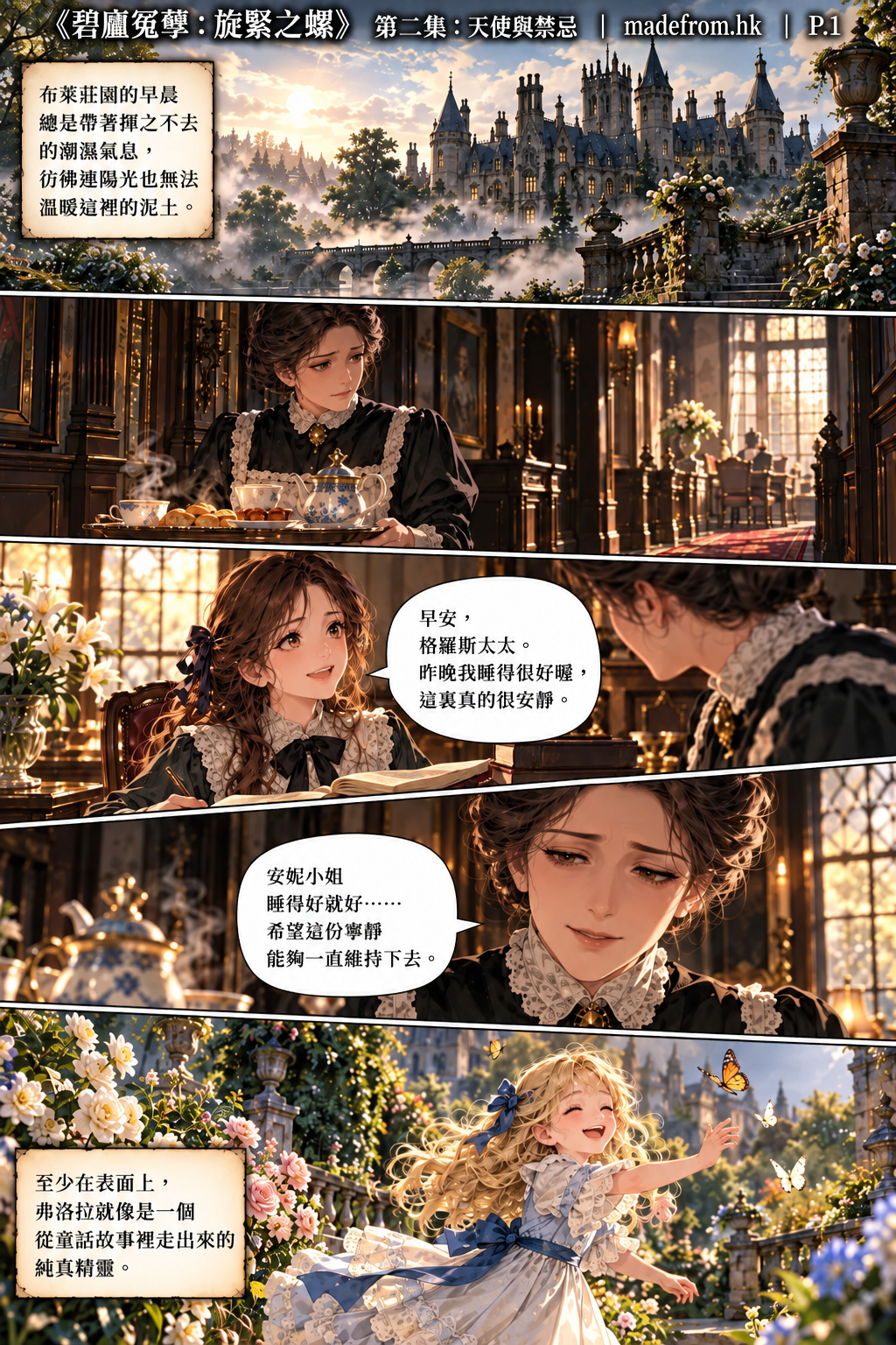 《碧廬冤孽：旋緊之螺》第二集〈天使與禁忌〉第 1 頁，安妮逐漸適應布萊莊園的生活，與米爾斯及弗洛拉相處融洽，然而莊園寧靜的表面下，似乎隱藏著不為人知的秘密。