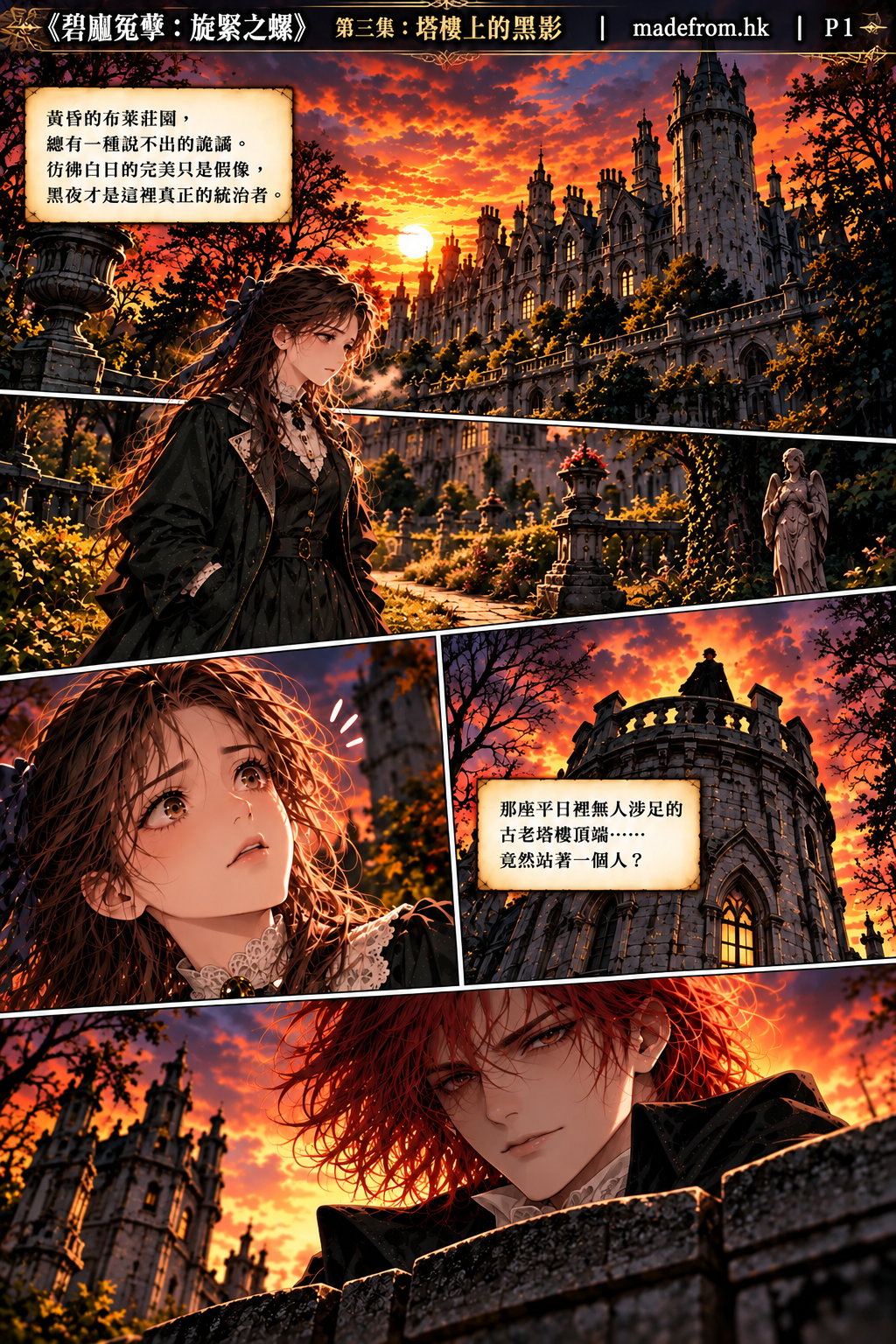 《碧廬冤孽：旋緊之螺》第三集 P1，黃昏下的布萊莊園矗立於古老庭園之中，安妮發現塔樓頂端出現一名神秘男子，揭開恐怖故事的序幕。