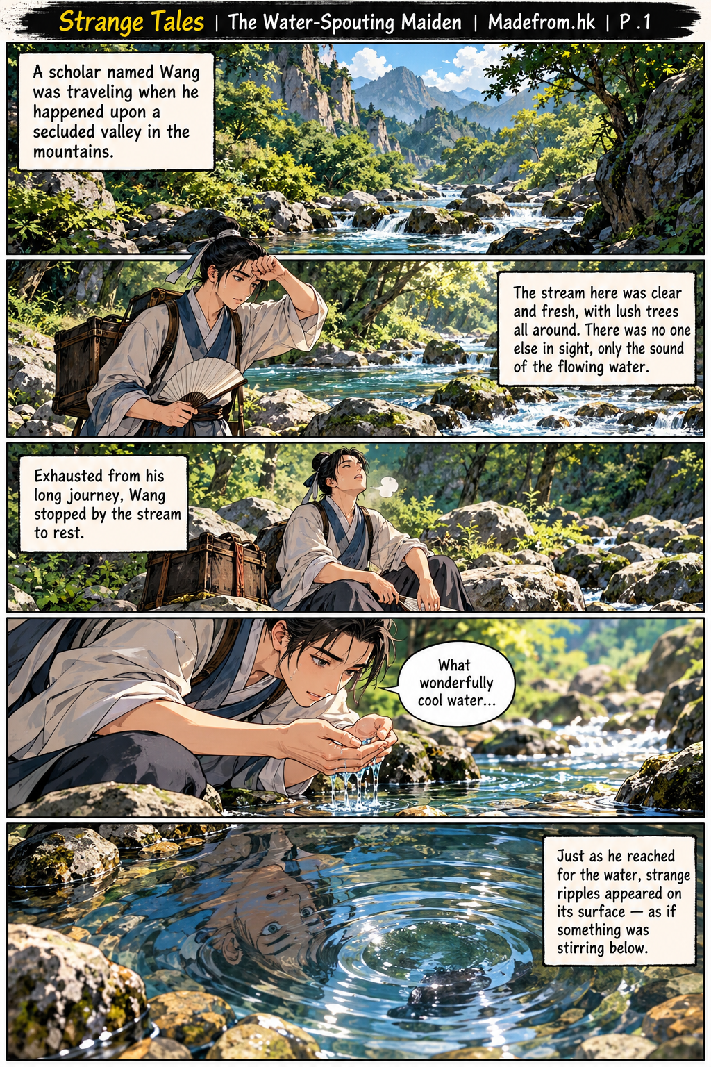 Strange Tales: The Water-Spouting Maiden — Scholar Wang discovers mysterious ripples in a quiet mountain stream | Page 1
