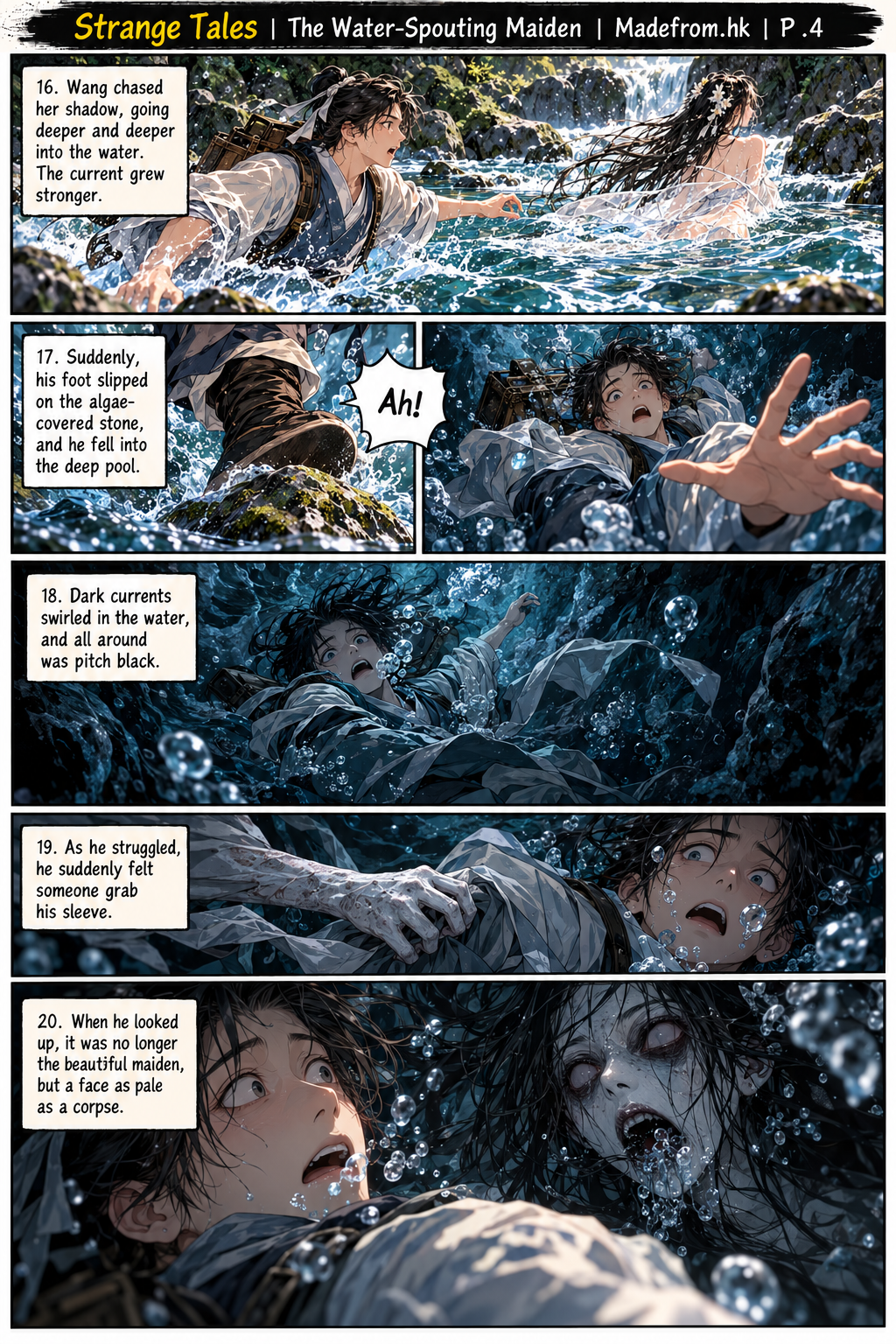 Strange Tales: The Water-Spouting Maiden — Scholar Wang falls into a dark pool and encounters a terrifying pale-faced spirit | Page 4