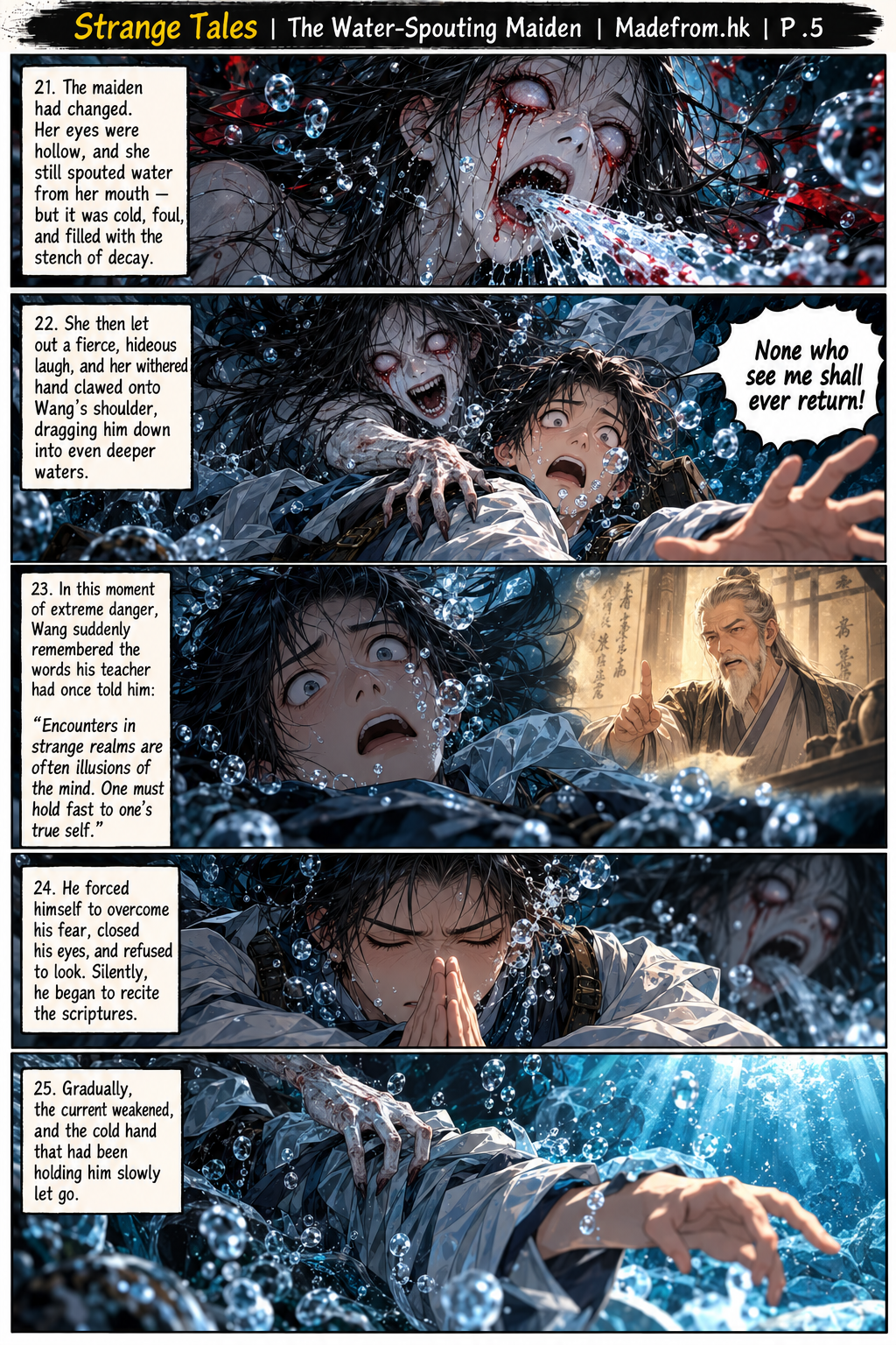Strange Tales: The Water-Spouting Maiden — the water spirit attacks Wang as he remembers his teacher’s warning and resists the illusion | Page 5