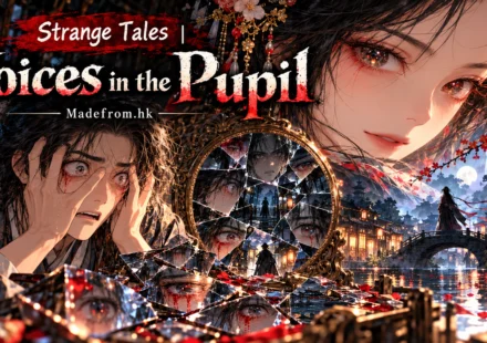 Strange Tales: Voices in the Pupil — a mysterious woman, frightened scholar, shattered mirror, and haunting eyes in a lantern-lit Chinese water town | Madefrom.hk