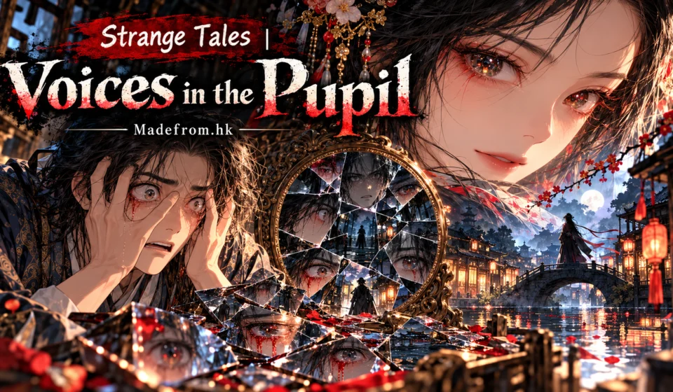 Strange Tales: Voices in the Pupil — a mysterious woman, frightened scholar, shattered mirror, and haunting eyes in a lantern-lit Chinese water town | Madefrom.hk