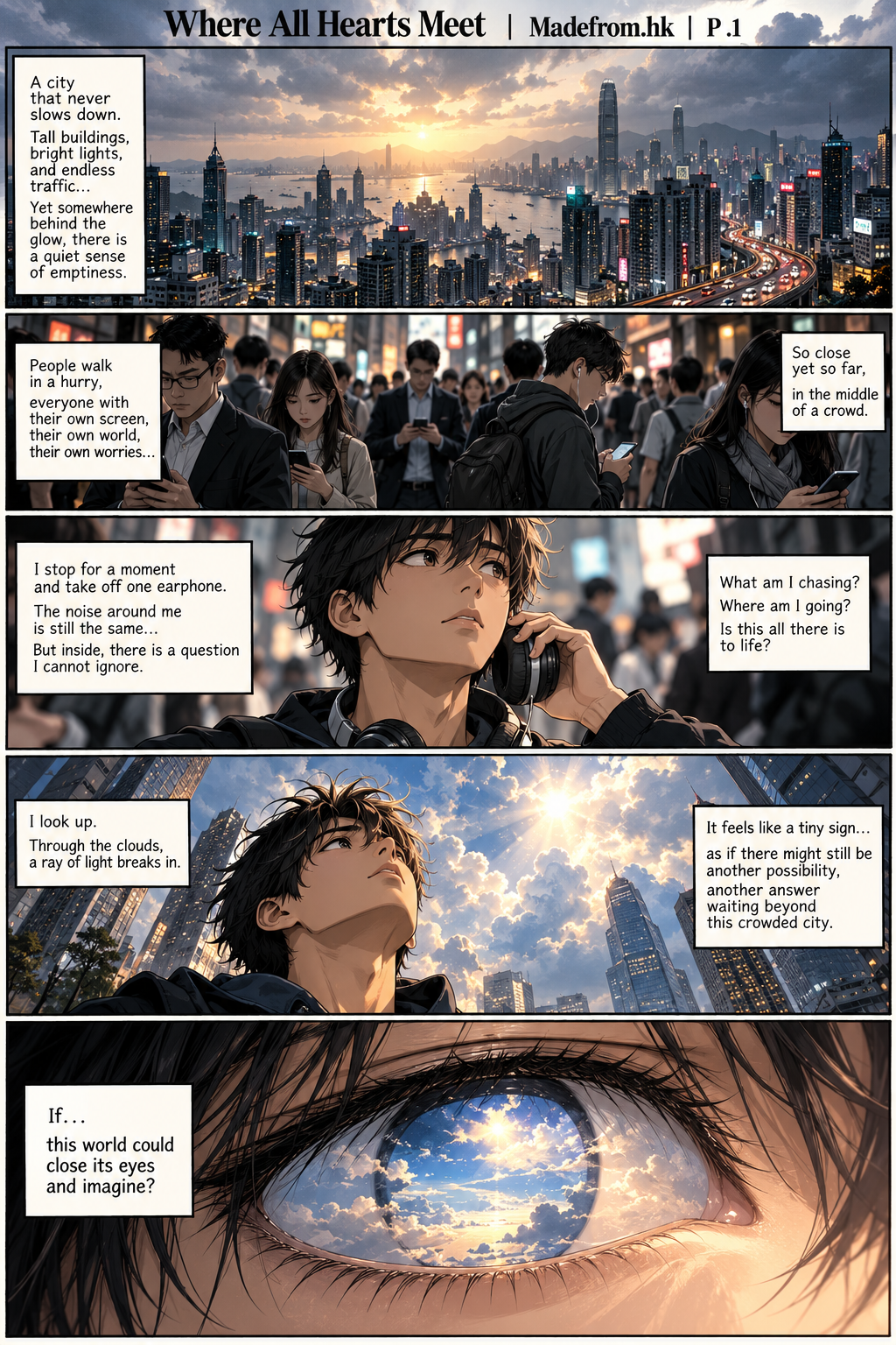 Where All Hearts Meet P.1 | Madefrom.hk — A young man looks up from a crowded modern city toward the light breaking through the clouds, wondering if the world can imagine something better.