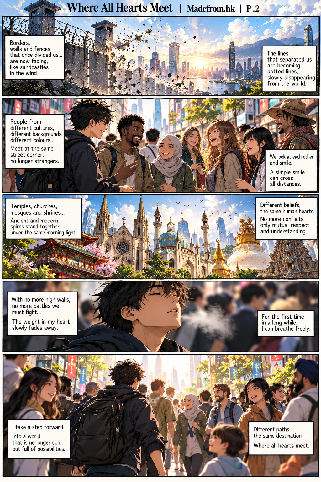 Where All Hearts Meet P.2 | Madefrom.hk — City walls and borders disappear as people from different cultures meet, smile, and walk together in a peaceful multicultural city.