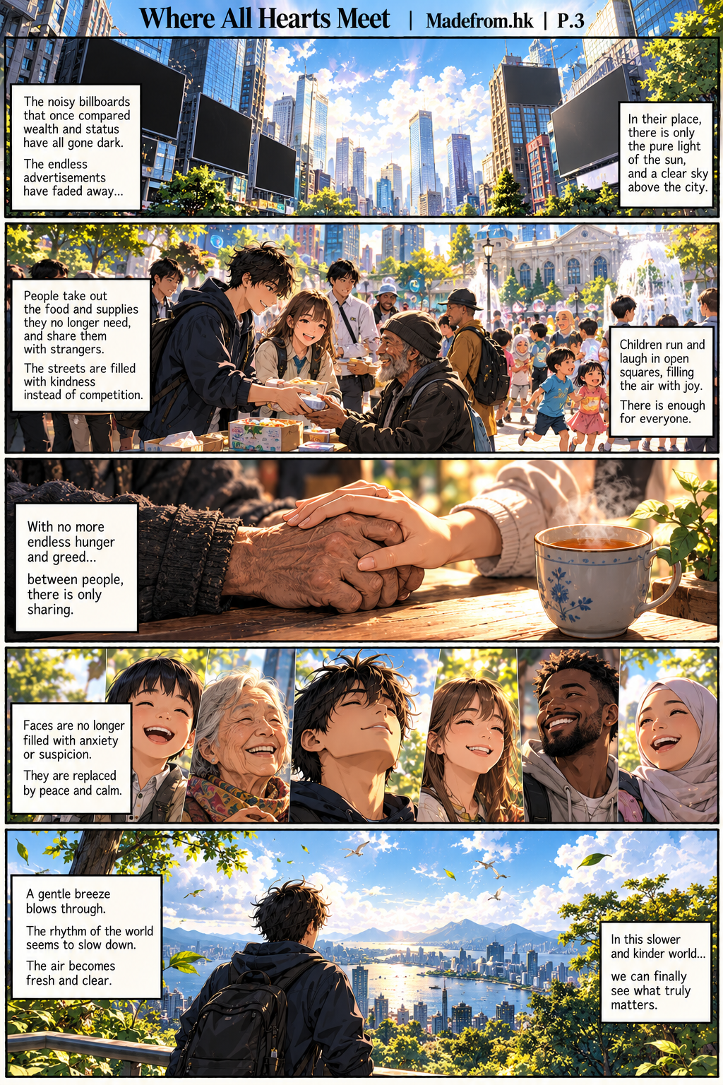Where All Hearts Meet P.3 | Madefrom.hk — People share food and resources, children play freely, and a peaceful city replaces competition and greed with kindness and community.
