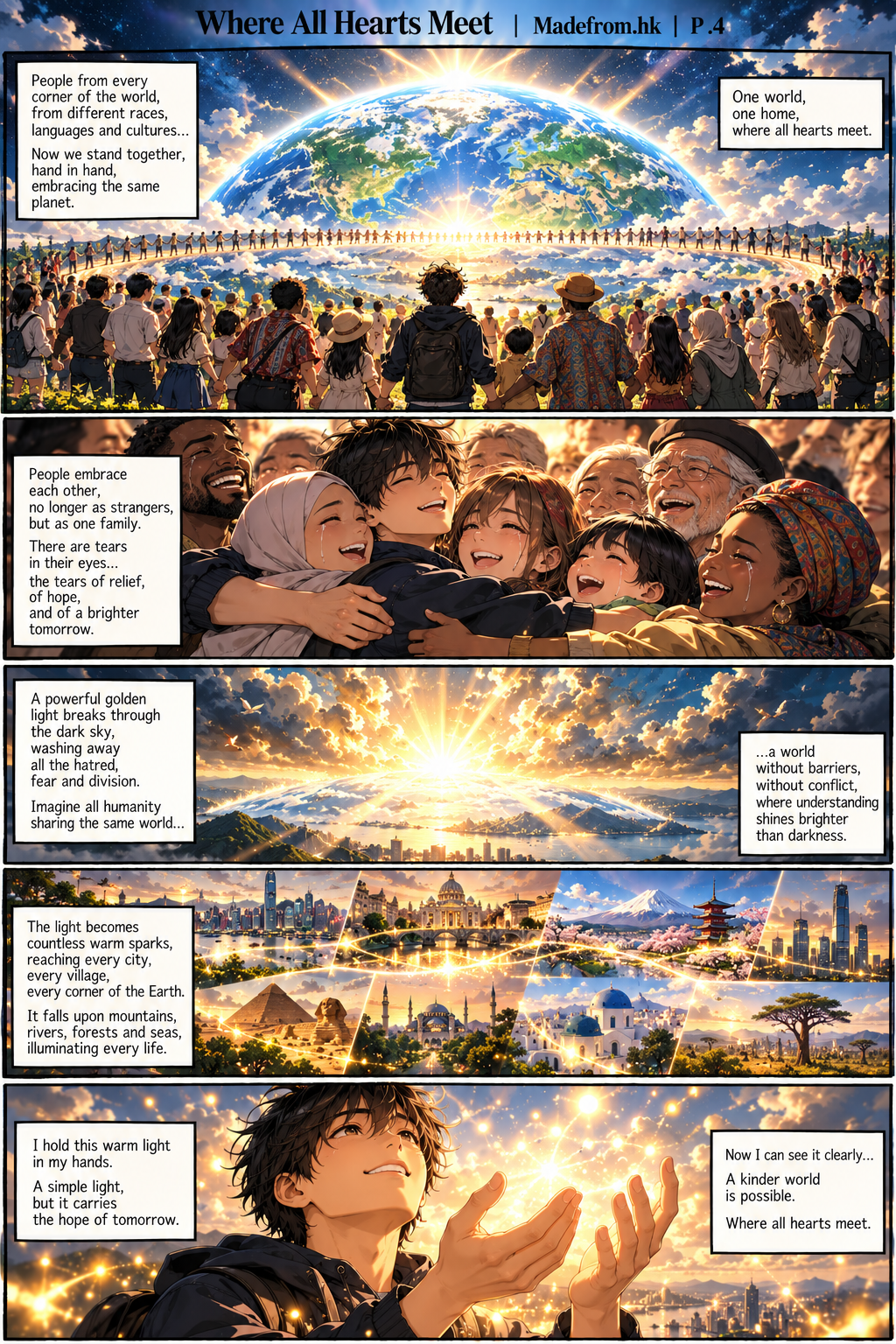 Where All Hearts Meet P.4 | Madefrom.hk — People from around the world join hands around a glowing Earth as golden light spreads across cities, symbolizing global unity and hope.
