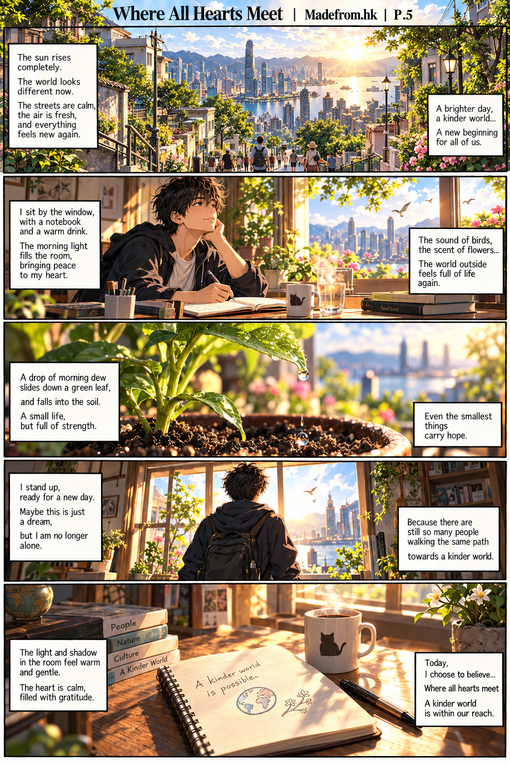 Where All Hearts Meet P.5 | Madefrom.hk — A peaceful morning begins as a young man reflects beside a window, surrounded by sunlight, greenery, birds, and a growing sense of hope.