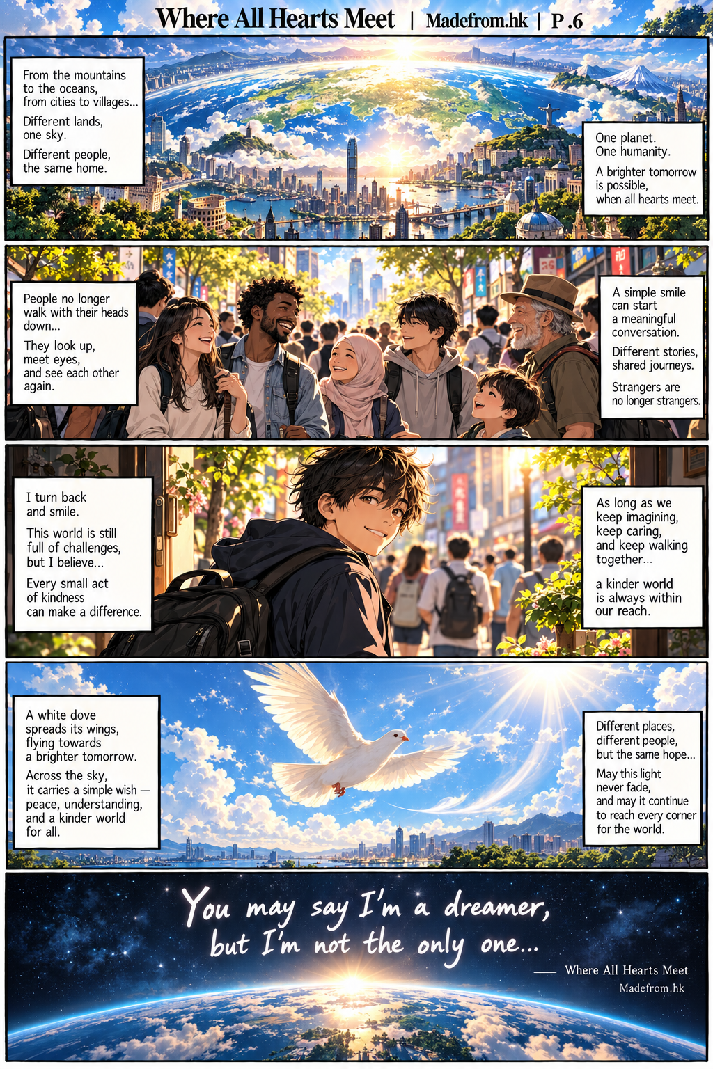 Where All Hearts Meet P.6 | Madefrom.hk — A white dove flies across a bright blue sky as people smile and connect, ending the comic with a message of hope, peace, and shared dreams.