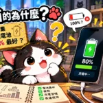 《AI貓的為什麼》第002集封面，黑白Q版AI貓介紹手機充電至80%的好處，探索鋰離子電池保養與充電壽命的科學知識。
