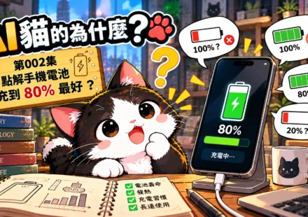 《AI貓的為什麼》第002集封面，黑白Q版AI貓介紹手機充電至80%的好處，探索鋰離子電池保養與充電壽命的科學知識。