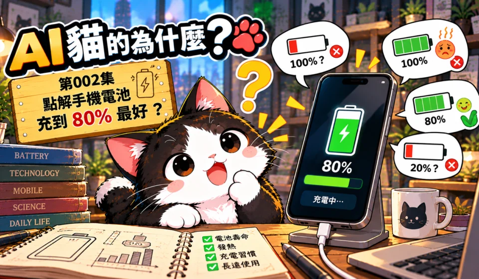 《AI貓的為什麼》第002集封面，黑白Q版AI貓介紹手機充電至80%的好處，探索鋰離子電池保養與充電壽命的科學知識。