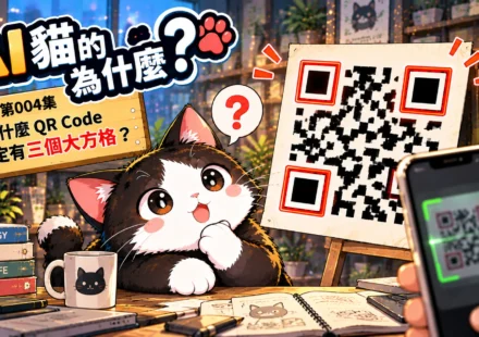 《AI貓的為什麼》第004集封面，黑白Q版AI貓手持QR Code，展示左上、右上及左下三個定位方格，介紹QR Code快速掃描的科學原理。