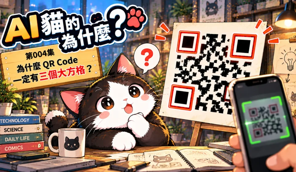 《AI貓的為什麼》第004集封面，黑白Q版AI貓手持QR Code，展示左上、右上及左下三個定位方格，介紹QR Code快速掃描的科學原理。