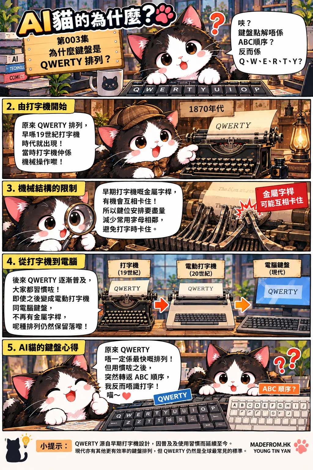 《AI貓的為什麼》第003集五格彩色科普漫畫，AI貓介紹QWERTY鍵盤起源，展示19世紀機械打字機、金屬字桿結構、電動打字機與現代電腦鍵盤的演變。
