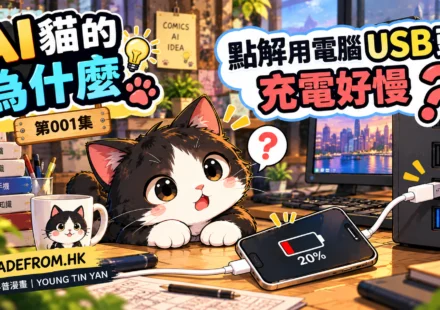 《AI貓的為什麼》第001集封面，黑白AI貓在電腦工作室觀察USB充電中的手機，電量顯示20%，探索電腦USB充電緩慢的原因。