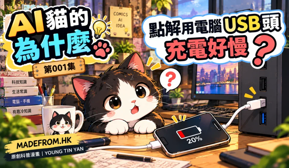 《AI貓的為什麼》第001集封面，黑白AI貓在電腦工作室觀察USB充電中的手機，電量顯示20%，探索電腦USB充電緩慢的原因。