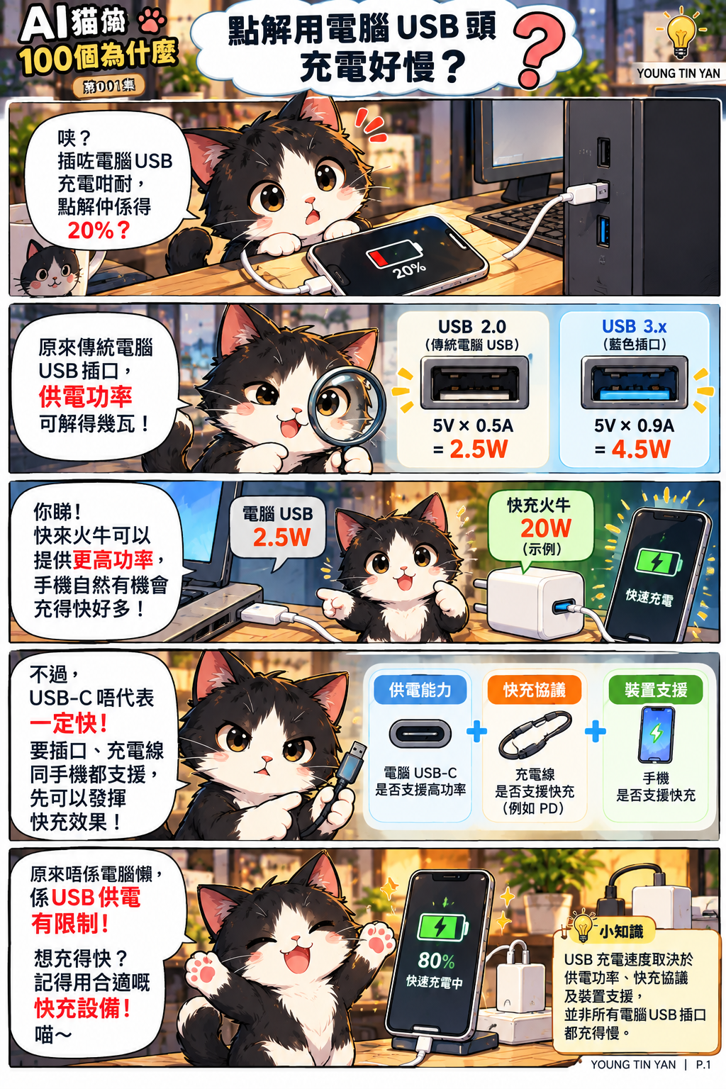 《AI貓的為什麼》第001集五格彩色科普漫畫，AI貓解釋電腦USB 2.0與USB 3.x的供電功率，比較20W快充充電器，介紹USB-C及快充協議的關係。
