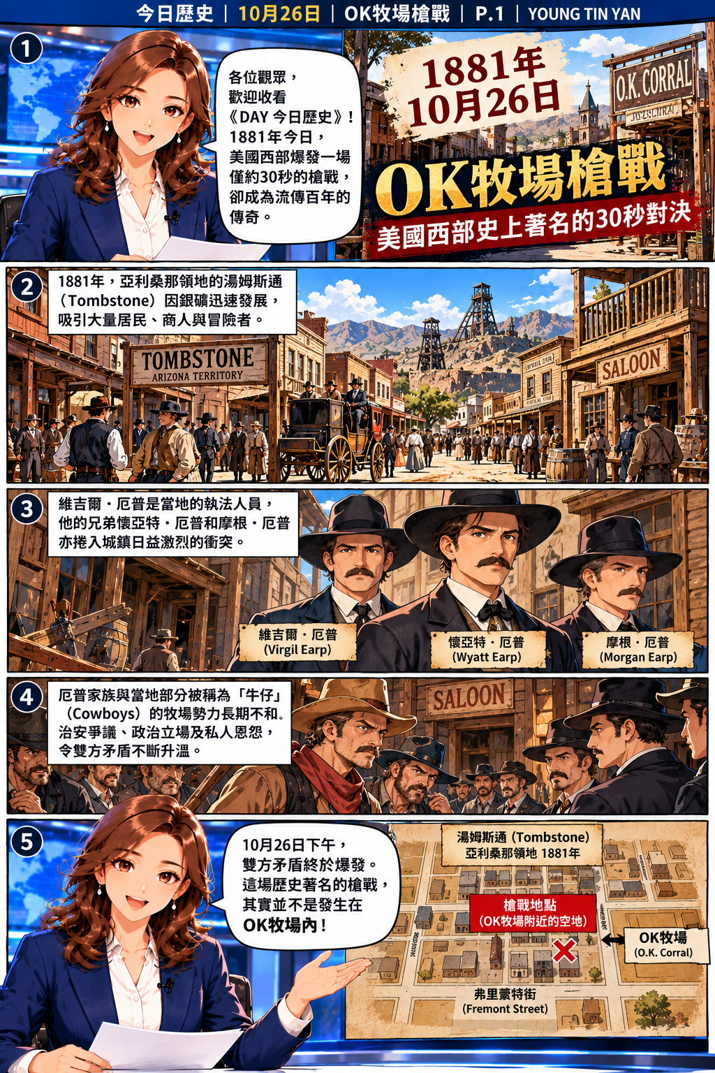 DAY 今日歷史漫畫第一頁，介紹1881年湯姆斯通銀礦城的發展、維吉爾與懷亞特等厄普兄弟，以及他們與當地牛仔勢力的矛盾，並說明槍戰實際發生在OK牧場附近。