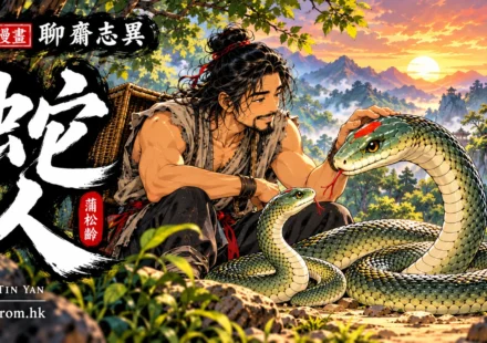 彩色漫畫《聊齋志異・蛇人》封面，江湖蛇人於夕陽映照的山林中，溫柔撫摸額有紅斑的巨蛇二青，小青陪伴在旁，呈現人蛇之間深厚的情義。
