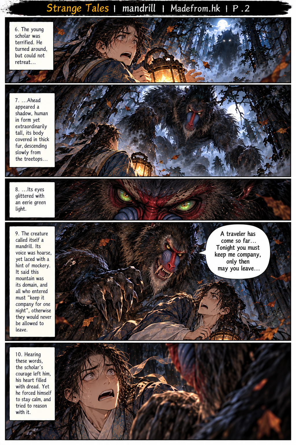 Strange Tales: mandrill — a towering mandrill demon with glowing eyes confronts a frightened scholar in the forest | Page 2