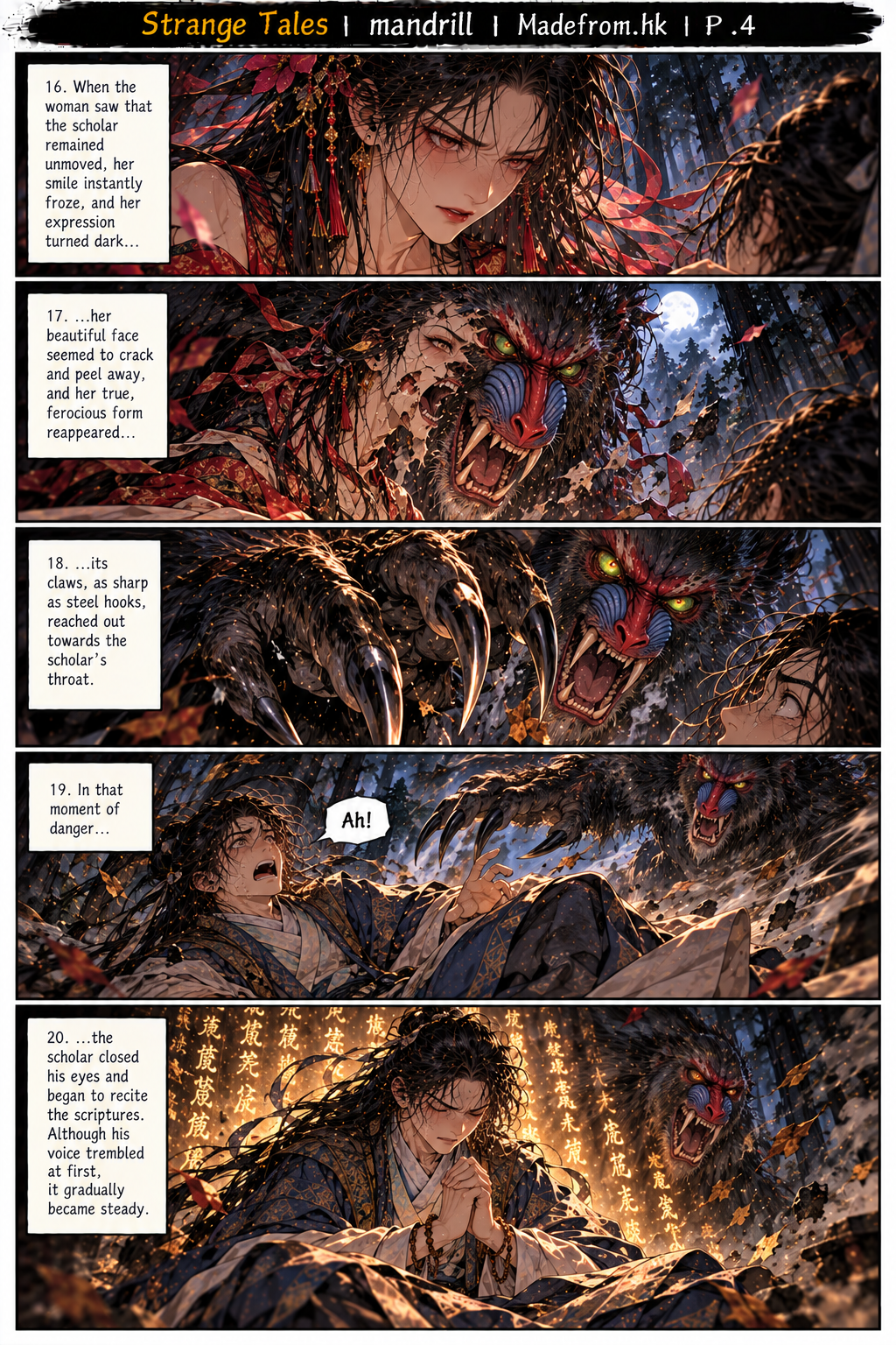 Strange Tales: mandrill — the disguised demon reveals its monstrous form and attacks as the scholar begins chanting scriptures | Page 4