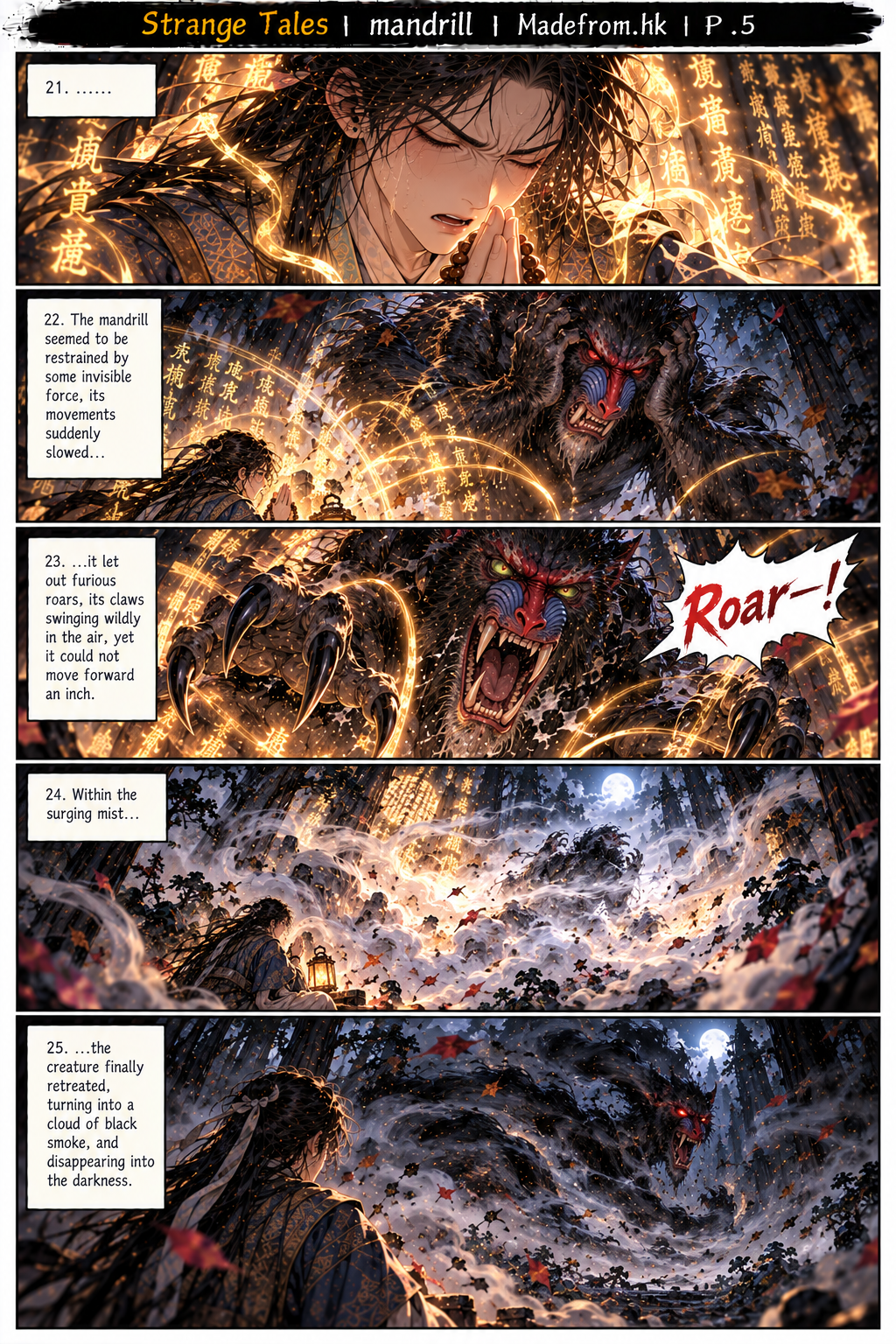 Strange Tales: mandrill — the scholar’s recitation creates an invisible barrier that forces the mandrill demon to retreat into the mist | Page 5