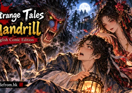 Strange Tales: mandrill — English Comic Edition, featuring a terrifying mandrill demon, a frightened scholar with a lantern, and a mysterious woman in a moonlit forest | Madefrom.hk