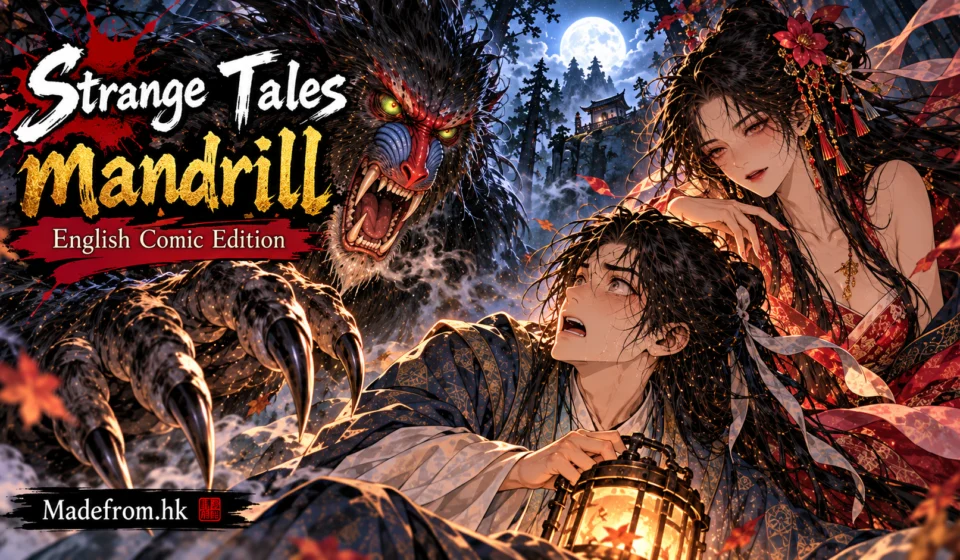 Strange Tales: mandrill — English Comic Edition, featuring a terrifying mandrill demon, a frightened scholar with a lantern, and a mysterious woman in a moonlit forest | Madefrom.hk