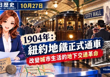 DAY 今日歷史10月27日封面，1904年紐約地鐵正式通車，女新聞主播介紹早期IRT地鐵列車、市政廳站及通車典禮，呈現改變紐約城市生活的地下交通革命。