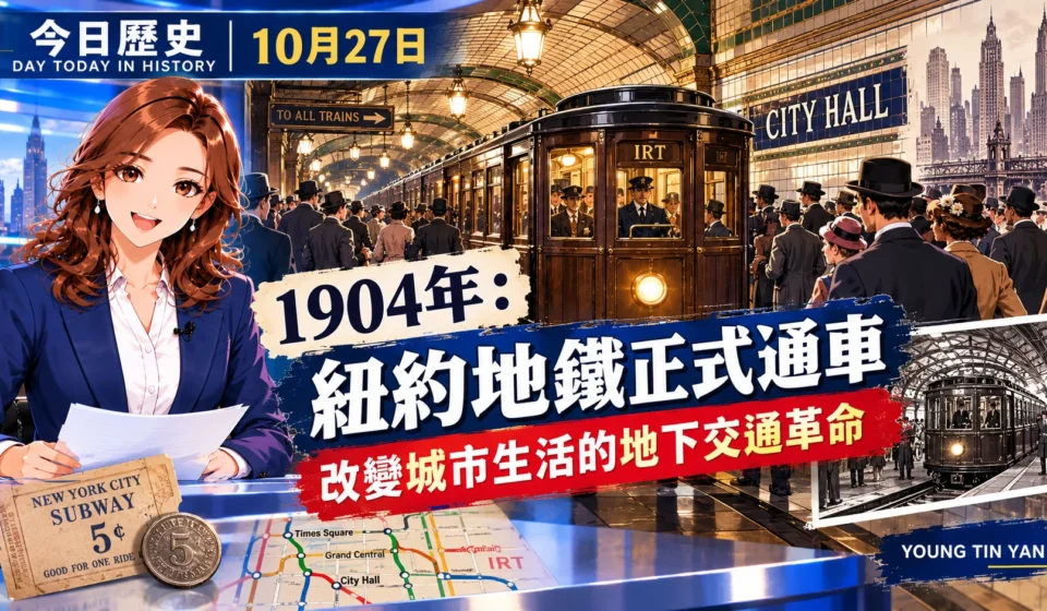 DAY 今日歷史10月27日封面，1904年紐約地鐵正式通車，女新聞主播介紹早期IRT地鐵列車、市政廳站及通車典禮，呈現改變紐約城市生活的地下交通革命。