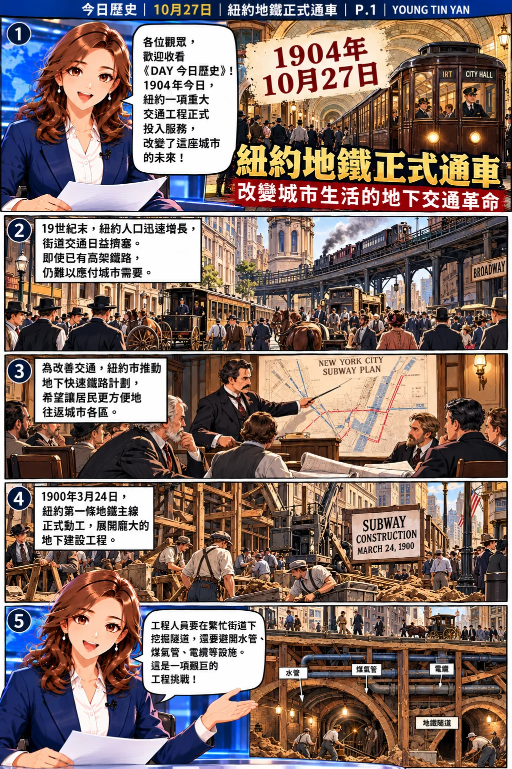 DAY 今日歷史漫畫第一頁，展示19世紀末紐約街道交通擠塞、地下鐵路規劃會議、1900年地鐵工程動工，以及施工人員在街道下挖掘隧道和處理地下管線的挑戰。