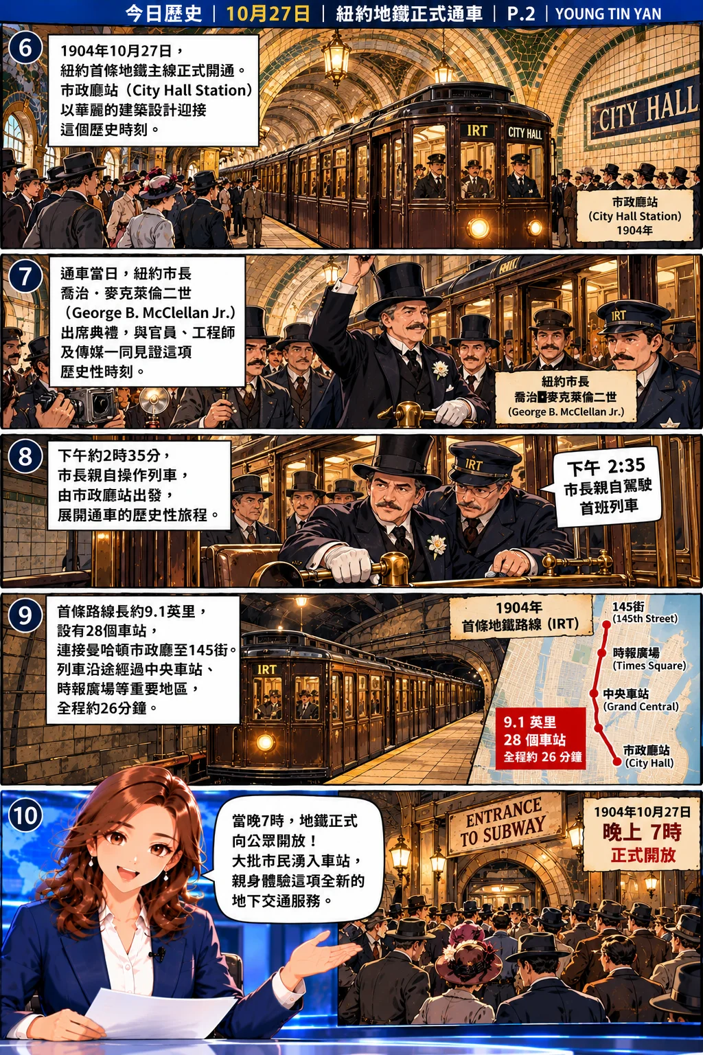 DAY 今日歷史漫畫第二頁，重現1904年10月27日紐約市政廳地鐵站通車典禮，市長喬治・麥克萊倫二世親自操作首班列車，首條IRT路線開通及晚上7時正式向公眾開放的歷史場面。