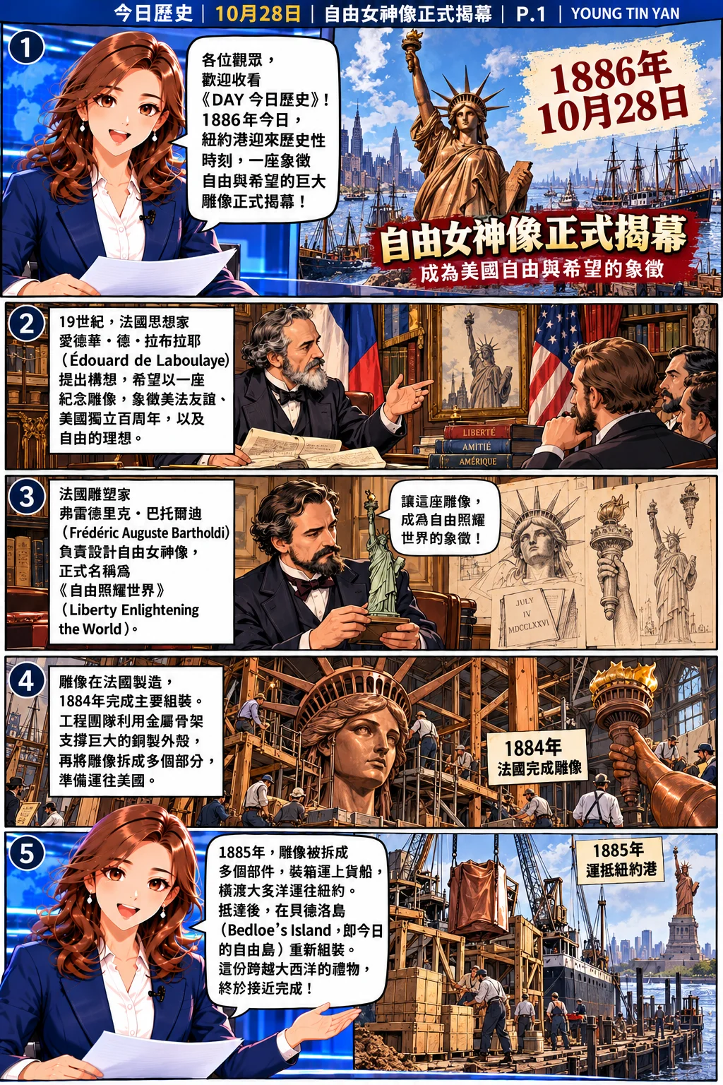 DAY 今日歷史漫畫第一頁，介紹法國思想家拉布拉耶提出自由女神像構想、雕塑家巴托爾迪設計雕像、1884年法國完成主要組裝，以及1885年拆件運往紐約重新組裝的歷史。