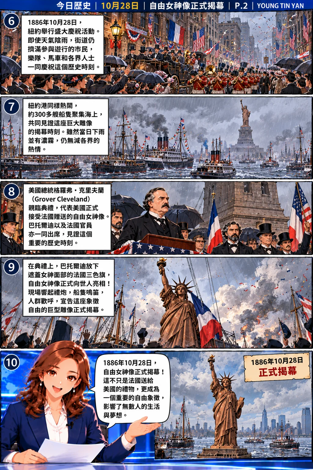 DAY 今日歷史漫畫第二頁，重現1886年10月28日紐約街頭慶祝遊行、陰雨中的紐約港船隊、美國總統克里夫蘭出席典禮，以及巴托爾迪揭開自由女神像面部法國三色旗的歷史時刻。