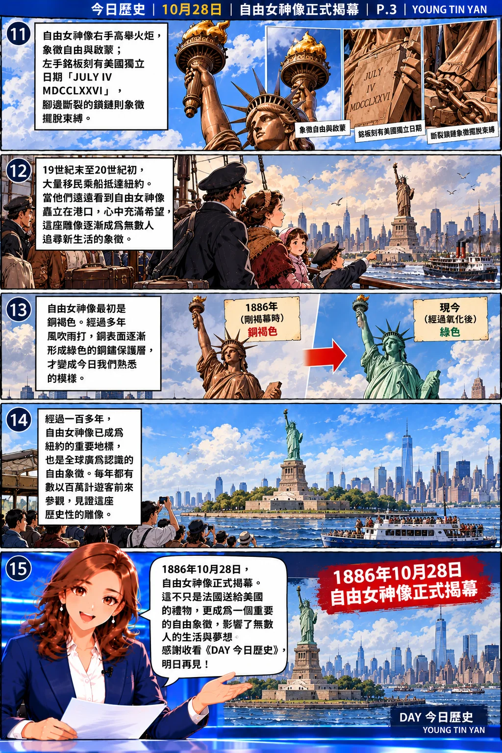 DAY 今日歷史漫畫第三頁，展示自由女神像的火炬、獨立日期銘板及斷裂鎖鏈，描繪移民抵達紐約港，並比較1886年銅褐色雕像與現代綠色外觀，介紹自由島的歷史意義。