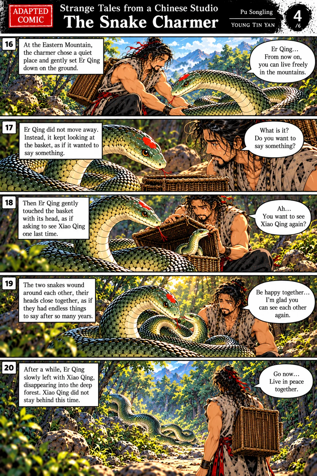 A five-panel comic set in a sunlit mountain forest. Er Qing hesitates to leave the snake charmer, touches the wicker basket and reunites with Xiao Qing. The two green snakes coil affectionately together before disappearing into the trees.